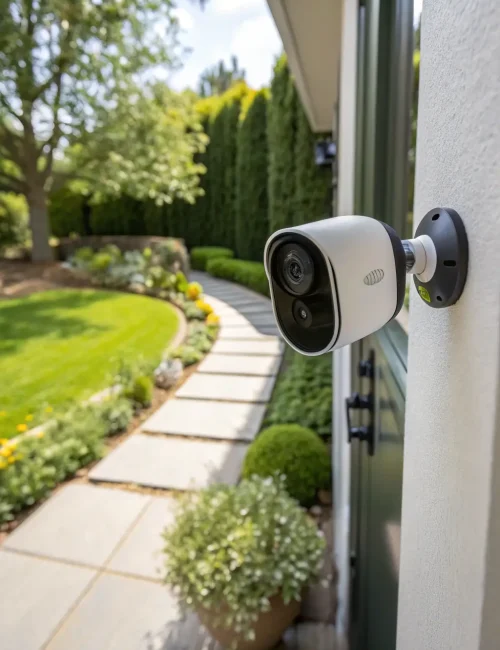 A well-lit security camera monitoring the entrance of Pathway Homes, ensuring the safety and security of residents.